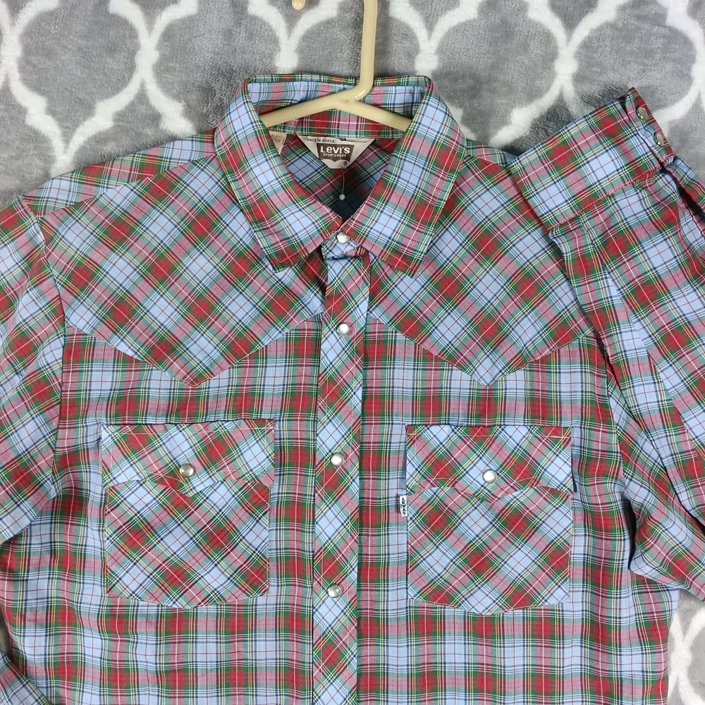 Vintage 80s Levis Sportswear Western Shirt Mens L Plaid Pearl Snap Korea